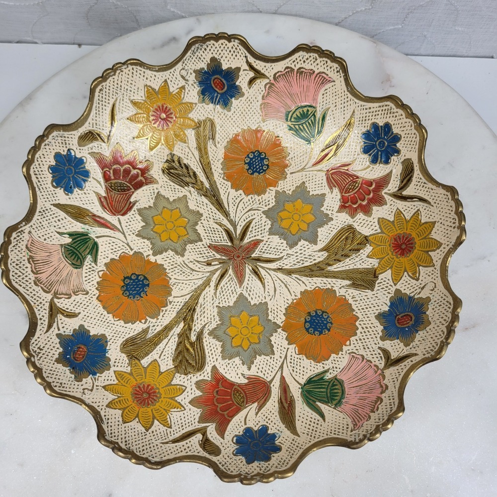 Hand Painted Brass Pedestal Bowl Trinket Floral Catch All Scalloped Rim Vintage - Picture 9 of 16